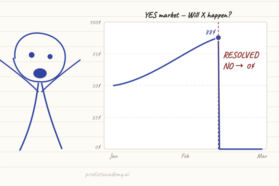 Stick figure mascot reacting in surprise as a prediction market price crashes to zero at resolution despite trading at 88 cents