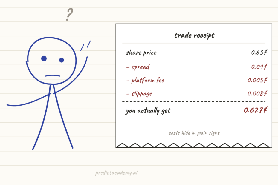 Stick figure mascot scratching head beside a trade receipt showing how spread, platform fee, and slippage reduce a 0.65 cent share to 0.627 cents