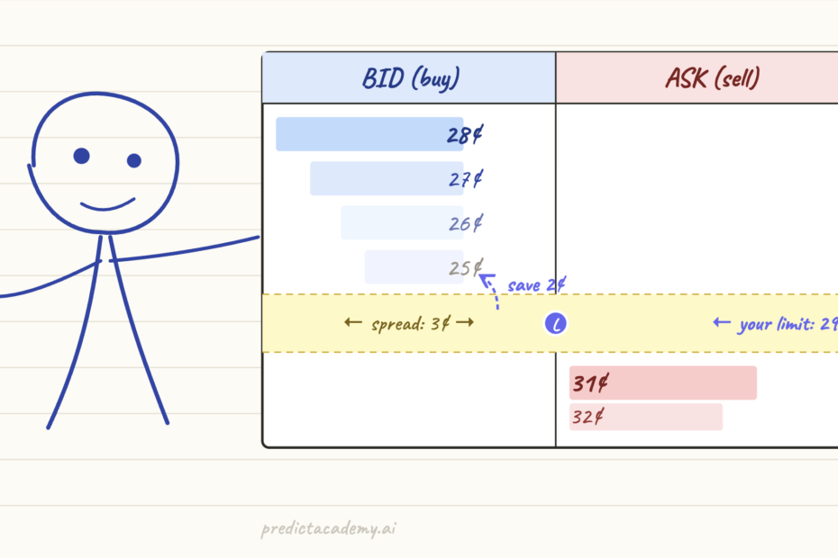 Stick figure mascot pointing at an order book showing bids at 28 cents and asks at 31 cents, with a limit order placed at 29 cents inside the spread to save 2 cents