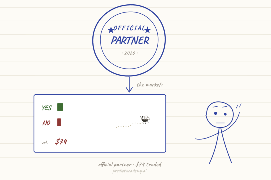Hand-drawn Official Partner 2026 seal above an empty prediction market widget showing $74 total trading volume and a fly buzzing through it