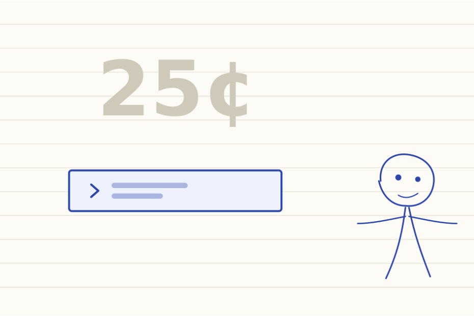 Notebook drawing of a mascot beside a market page, with the big price faded out