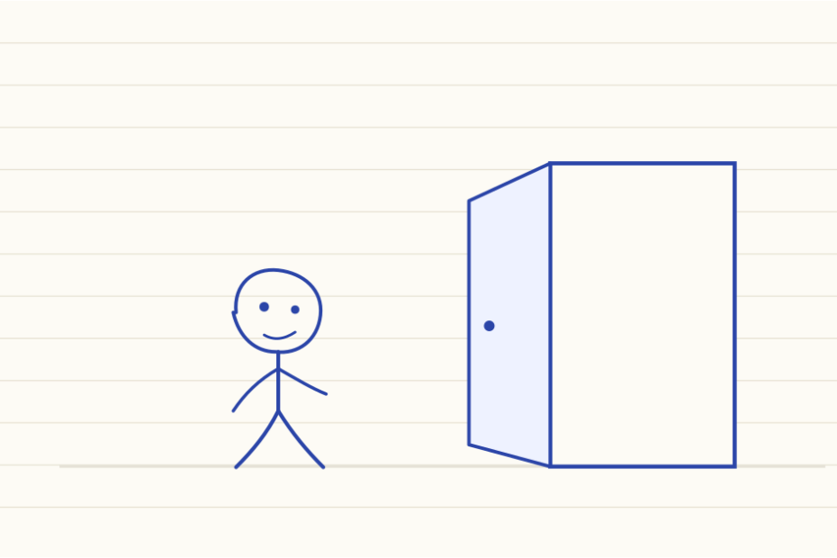 Notebook drawing of a mascot standing outside an open door