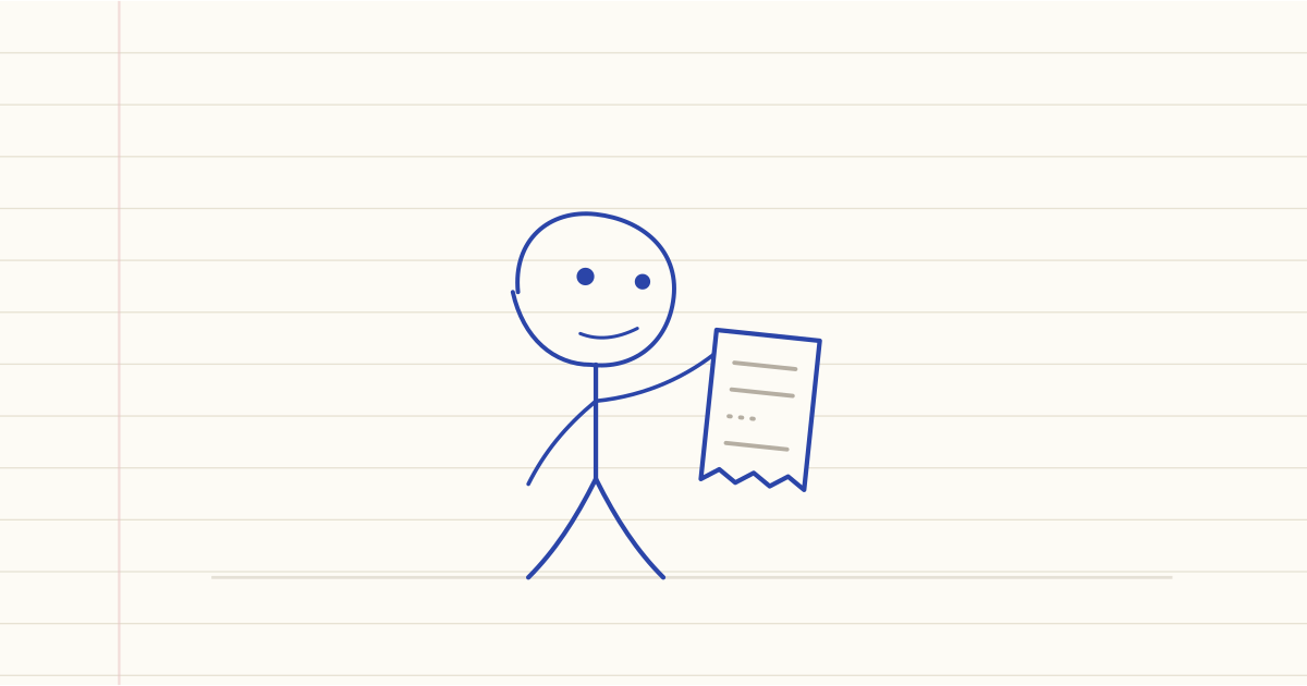 Notebook drawing of a mascot holding a small receipt with one line left blank