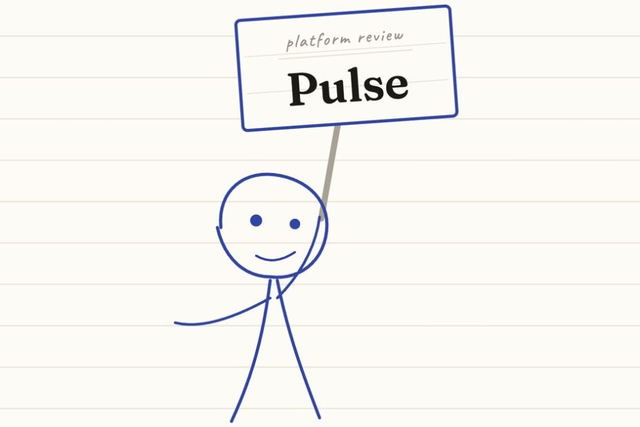 Stick figure mascot holding up a placard reading platform review, Pulse