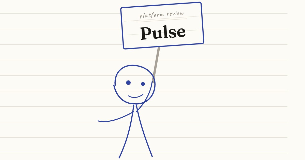 Stick figure mascot holding up a placard reading platform review, Pulse